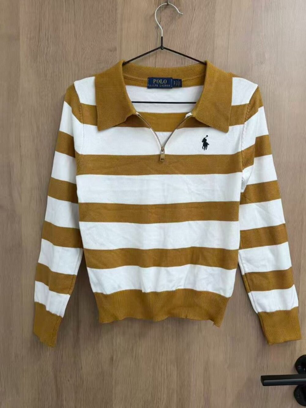 🤎Polo Ralph Lauren Mustard White Stripe Half Zip Collared Knit Top
